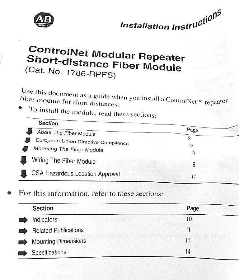 Used NIB ALLEN BRADLEY 1786-RPFS CONTROLNET FIBER REPEATER - SHORT SER. A, REV. G02