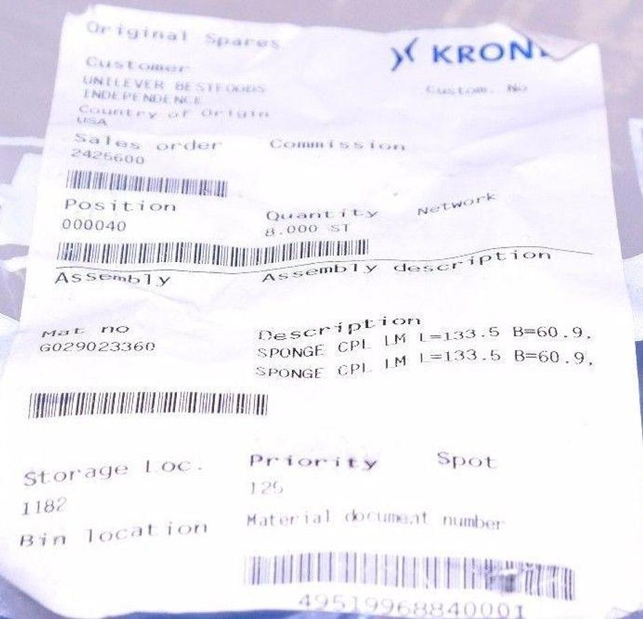 Used NEW KRONES G029023360 SPONGE CPL LM L=133.5 B=60.9. SOFT BLUE
