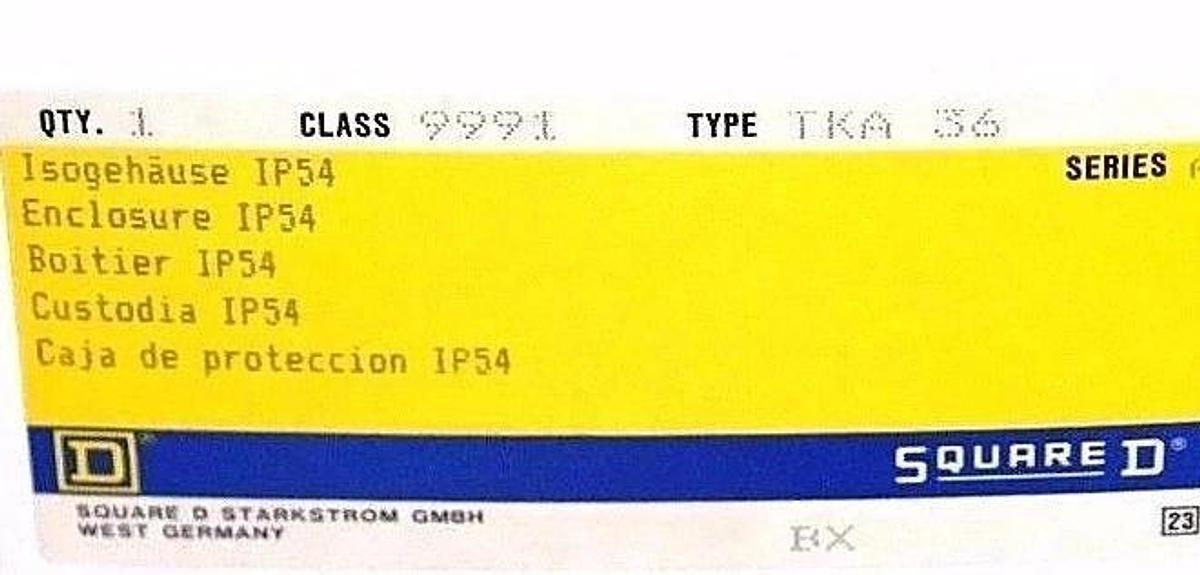 Used NIB SQUARE D CLASS: 9991 TYPE: TKA 36 SERIES: A ENCLOSURE IP54, 9991TKA36