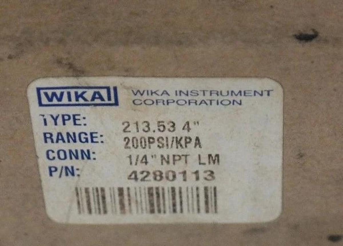 Used NIB WIKA 213.53 4" PRESSURE GAUGE 1/4" NPT LM 200PSI/KPA 4280113