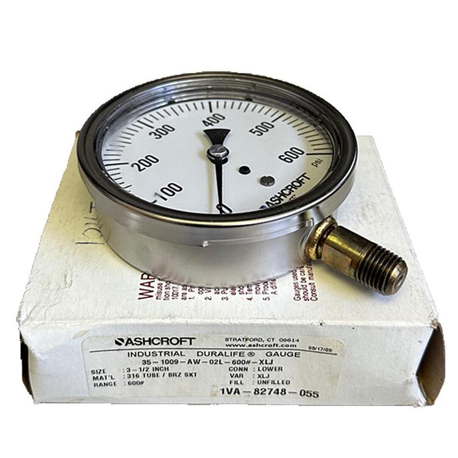 Used NEW ASHCROFT 35-1009-AW-02L-600#-XLJ / 351009AW02L600#XLJ DURALIFE GAUGE 3-1/2''