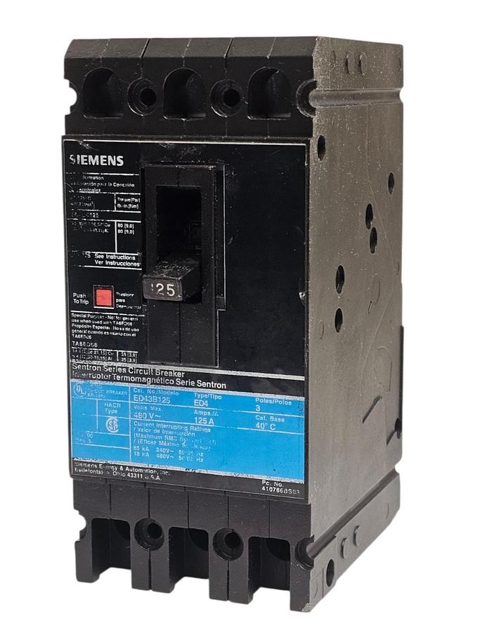 Used SIEMENS ED43B125 CIRCUIT BREAKER 3-POLE 125A 480V