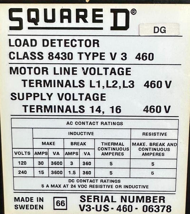 Used SQUARE D 8430-V3460 / 8430V3460 RELAY LOAD DETECTOR 8430 460V 3-PHASE * MISSING