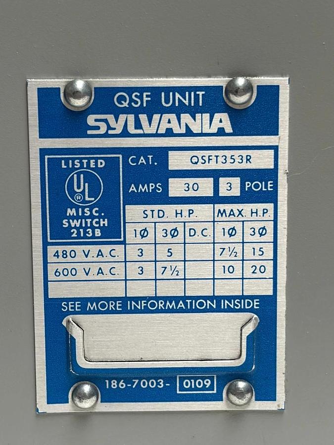 Used Sylvania QSFT353R QSF Unit Busway Plug Disconnect Switch 30A 480V 600V 3P Dual