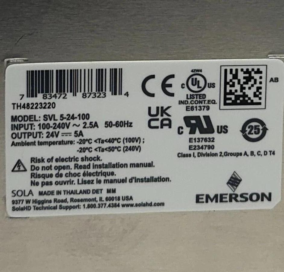 EMERSON SOLA SVL 5-24-100 / SVL524100 SVL SERIES POWER SUPPLY 120W 24V OUT NSMP