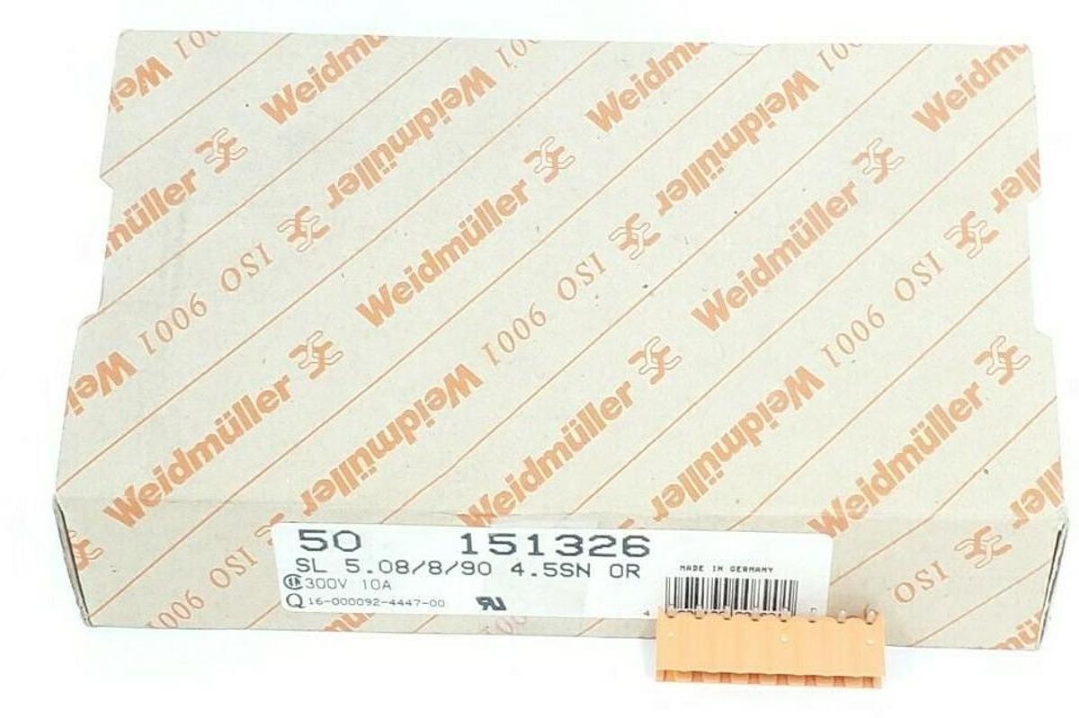 Used BOX OF 50 NEW WEIDMULLER 151326 CONNECTORS SL 5.08/8/90 4.5SN OR, 300V 10A