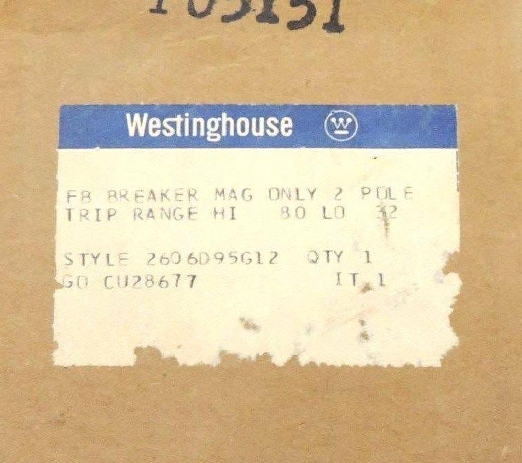 Used NIB WESTINGHOUSE 2606D95G12 DE-ION CIRCUIT BREAKER 600VAC, 250VDC, 25AMP, 2POLE