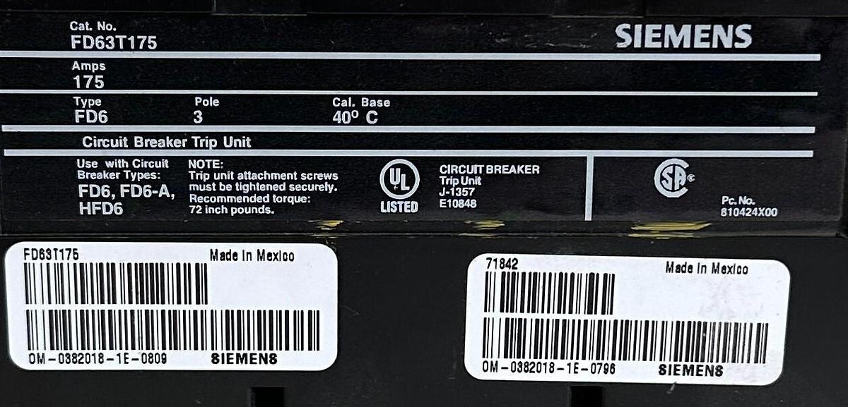 Used SIEMENS FD63T175 CIRCUIT BREAKER TRIP UNIT 175A 3-POLE FD6 FD6-A HFD6 71842