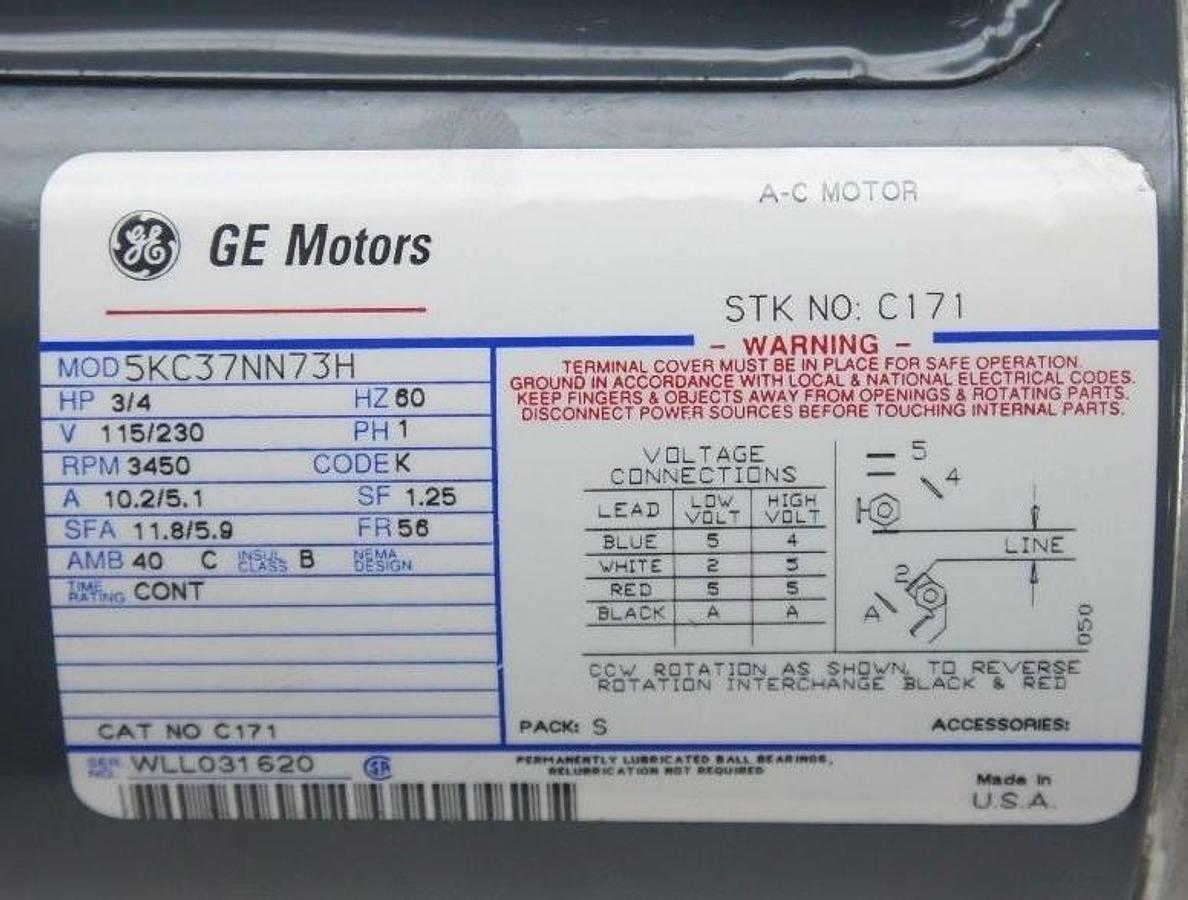 Used GE MOTORS 5KC37NN73H ELECTRIC MOTOR 3/4HP, 3450RPM, 115/230V, 60HZ