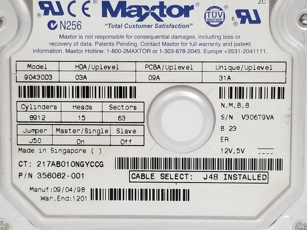 Used MAXTOR 90430D3 3.5" ITE HARD DRIVE 4.3GB, 356062-001