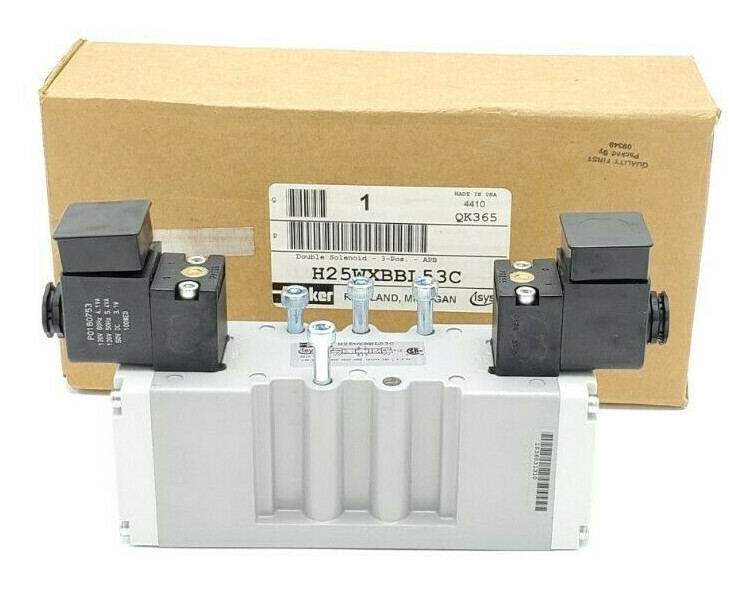 Used NIB PARKER H25WXBBL53C DOUBLE SOLENOID VALVE 3-POS. APB 145PSIG 120VAC