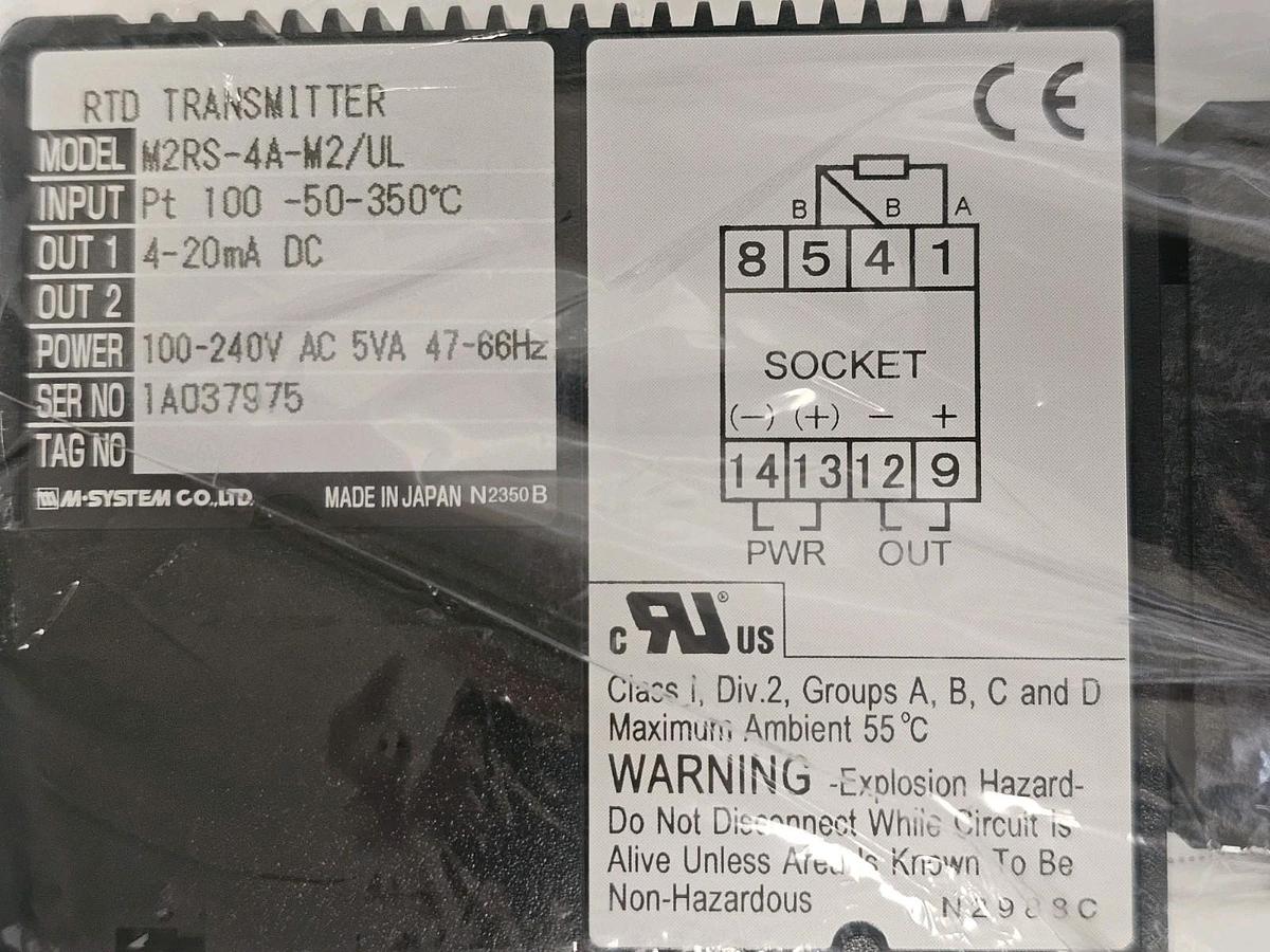Used NIB M-SYSTEM TECHNOLOGY INC. M2RS-4A-M2/UL RTD TRANSMITTER M2RS 4-20mA DC
