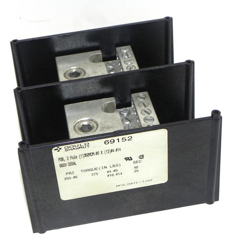 Used GOULD SHAWMUT 69152 ALUM. POWER DISTRIBUTION BLOCK 2POLE 600V