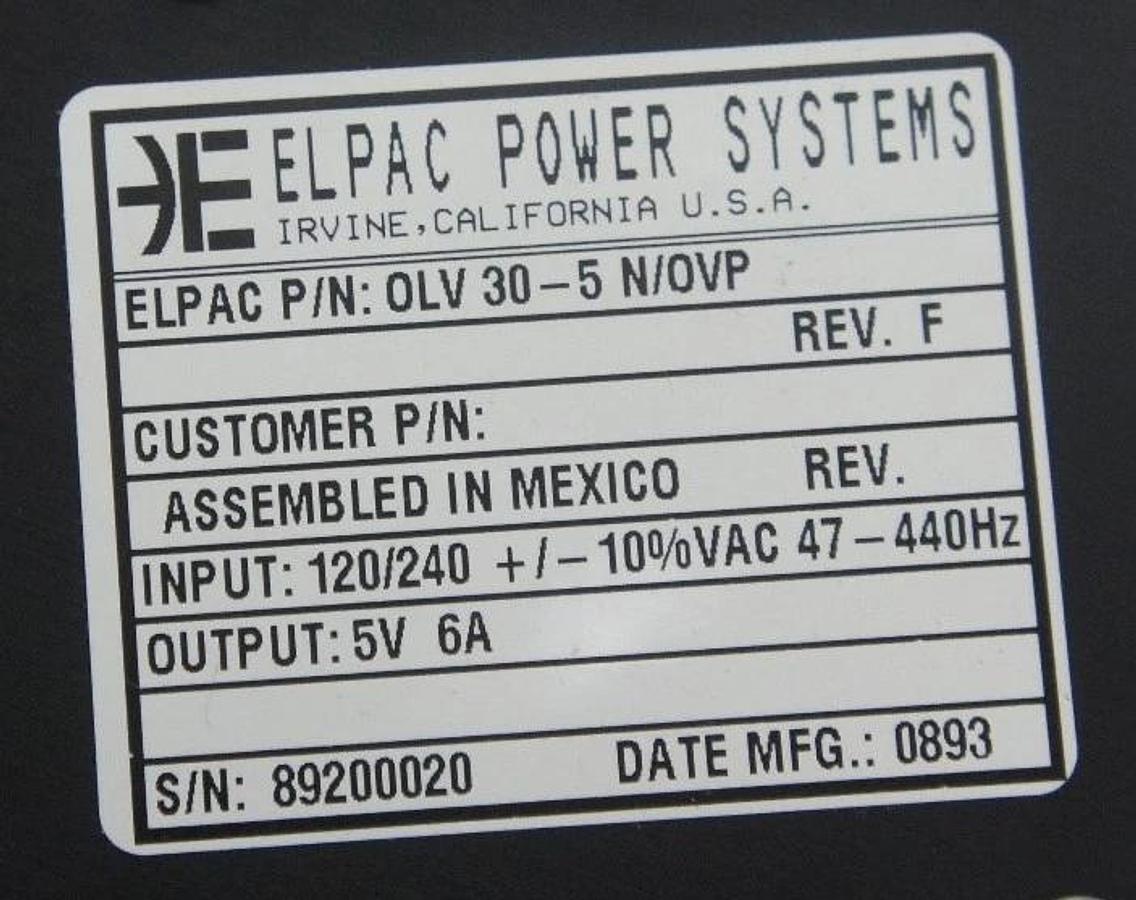 Used NIB ELPAC POWER SYSTEMS OLV 30-5 N/OVP POWER SUPPLY REV F 120/240VAC OLV305
