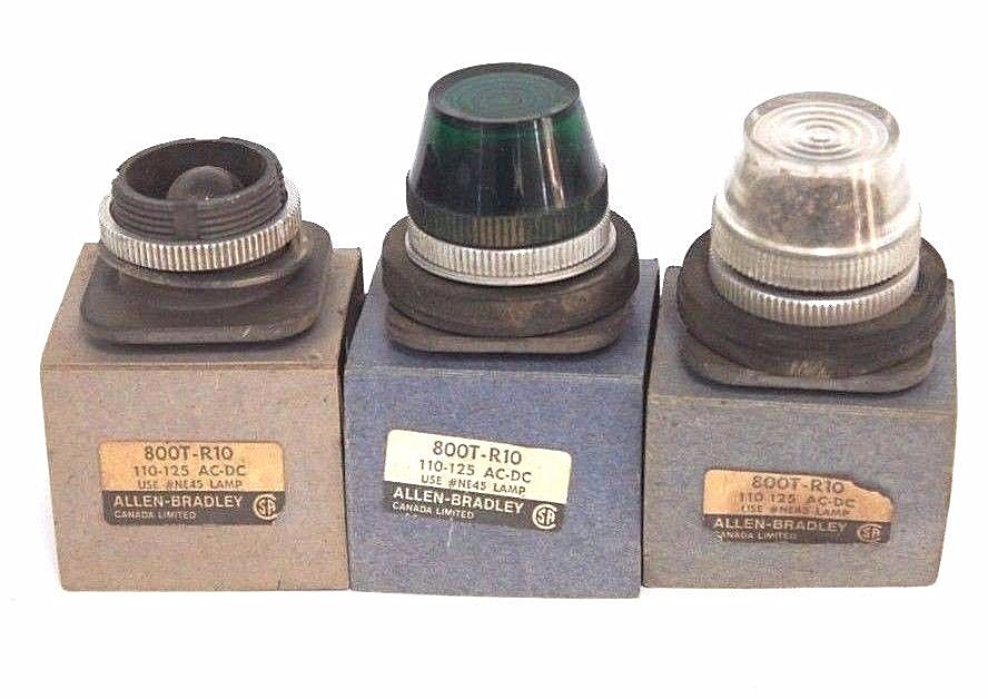 Used LOT OF 3 ALLEN BRADLEY 800T-R10 PILOT LIGHT #NE45 LAMP CLEAR, GREEN