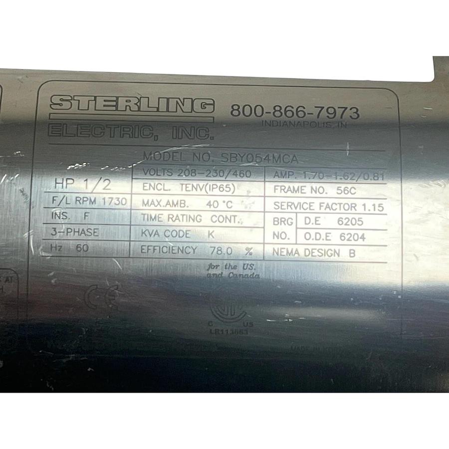 Sterling Electric SBY054MCA 1/2 HP Washdown Motor 3PH 230/460V 56C New Surplus