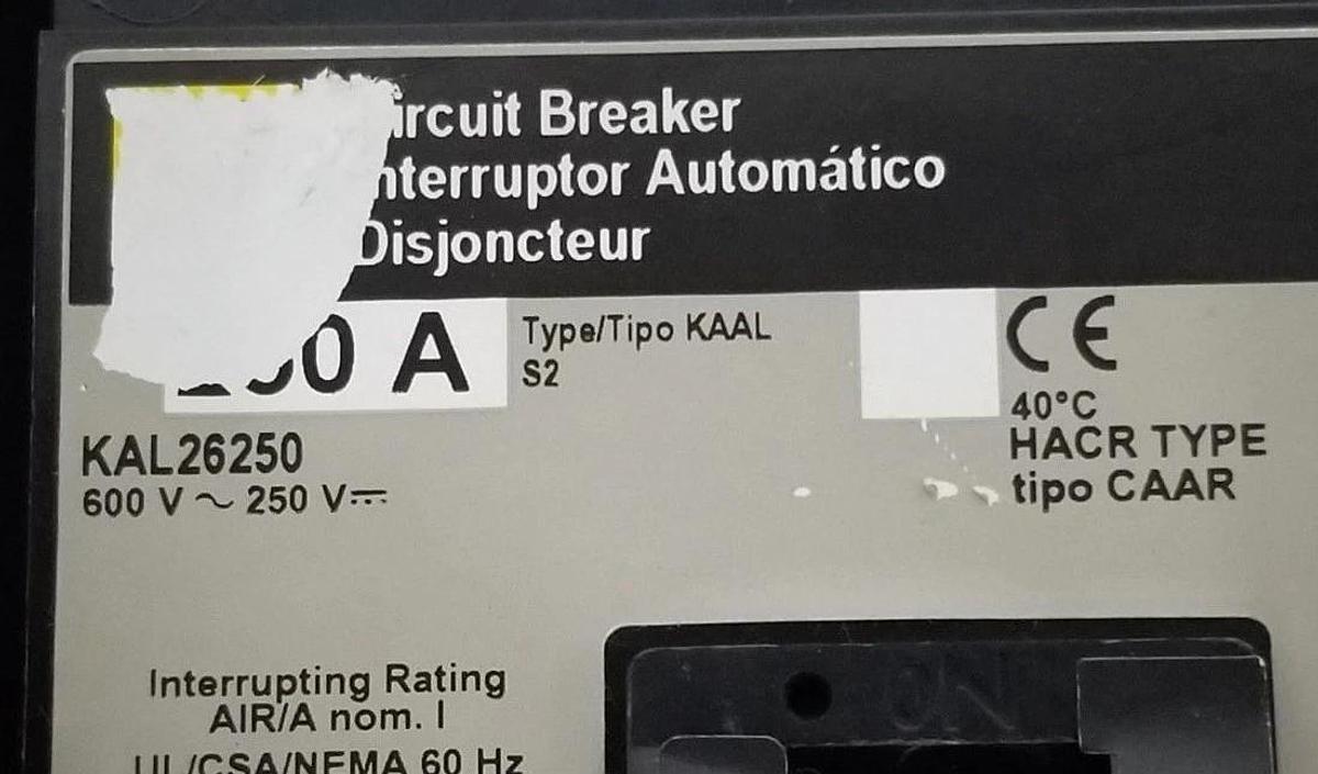 Used SQUARE D KAL26250 CIRCUIT BREAKER 600V 250A, W/ 9422RP1 OPERATING MECHANISM