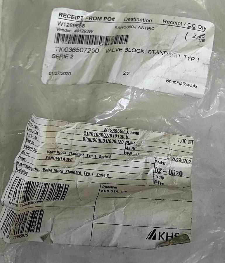 KHS TI0036507200 / TI0036507100 SERIES 2 VALVE BLOCK STANDARD TYPE 1 NSNP