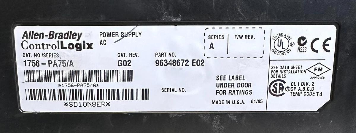 Used ALLEN BRADLEY 1756-PA75 /A ControlLogix AC POWER SUPPLY CHASSIS MOUNT 1756PA75