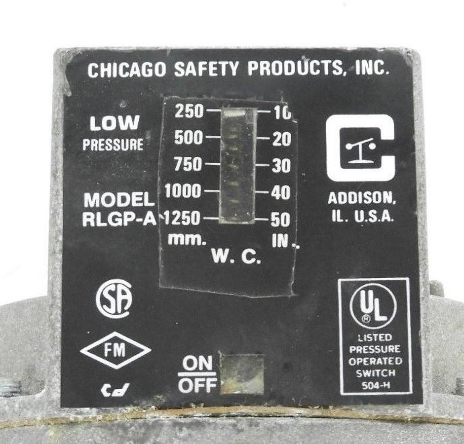 Used CHICAGO SAFETY PRODUCTS RLGP-A LOW PRESSURE SWITCH, 10-50IN, 250-1250MM