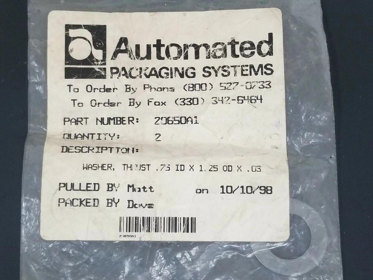 Used NEW AUTOMATED PACKAGING 20650A1 WASHER, THRUST, .75 ID X 1.25 OD X .05 (QTY:2)