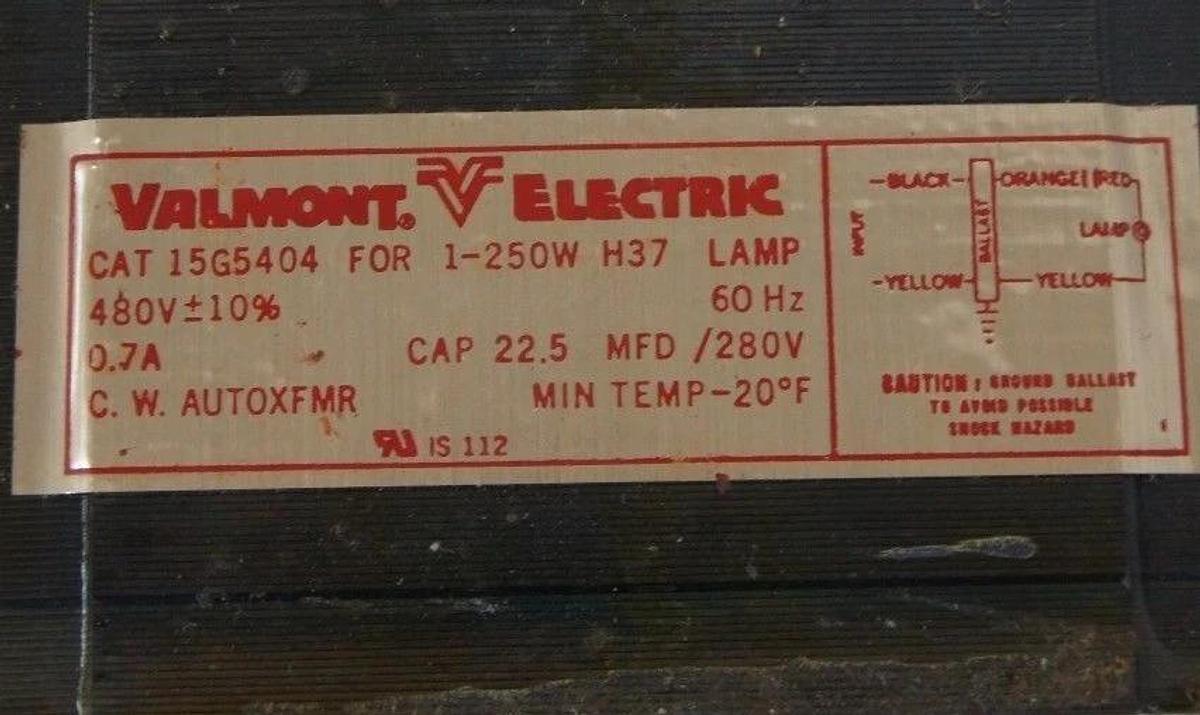 Used NIB VALMONT ELECTRIC 044238-46224 FLUORESCENT LAMP BALLAST, 15G5404W18 480V 60HZ