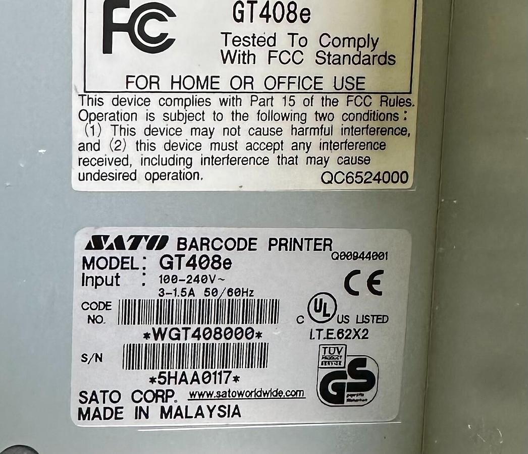 Used REPAIRED SATO GT408e THERMAL BARCODE PRINTER WGT408000 100-240V 50/60Hz