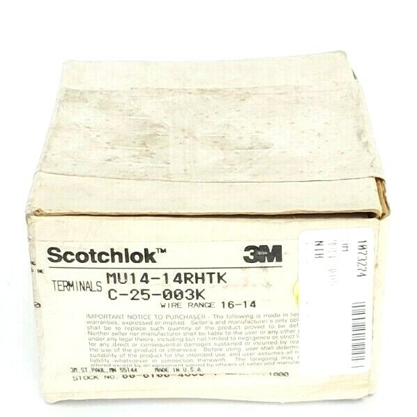 BOX OF 1000 NEW 3M SCOTCHLOK MU14-14RHTK TONGUE TERMINALS C-25-003K