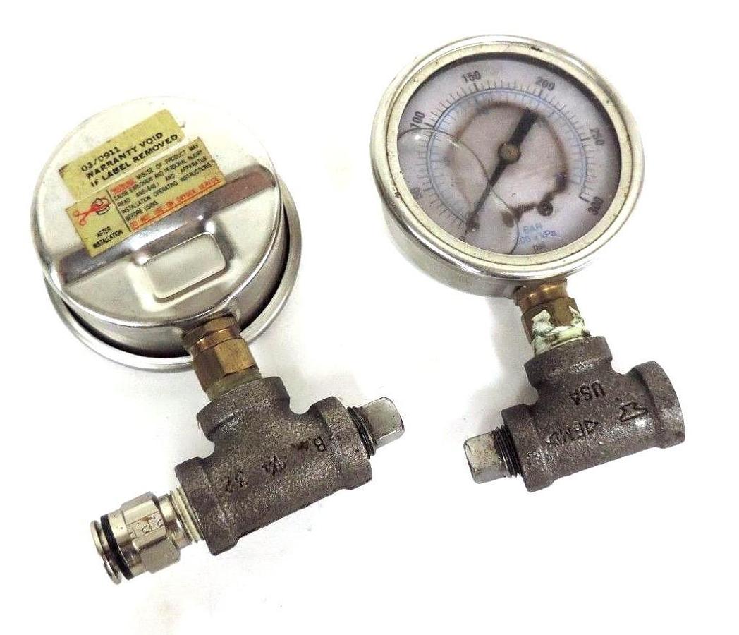 Used LOT OF 2 GENERIC LIQUID FILLED PRESSURE GAUGES 100XKPA, 0-300 PSI