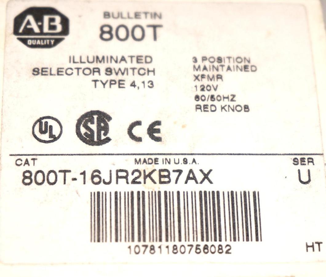 Used NIB ALLEN BRADLEY 800T-16JR2KB7AX ILLUMINATED SELECTOR SWITCH SER. U