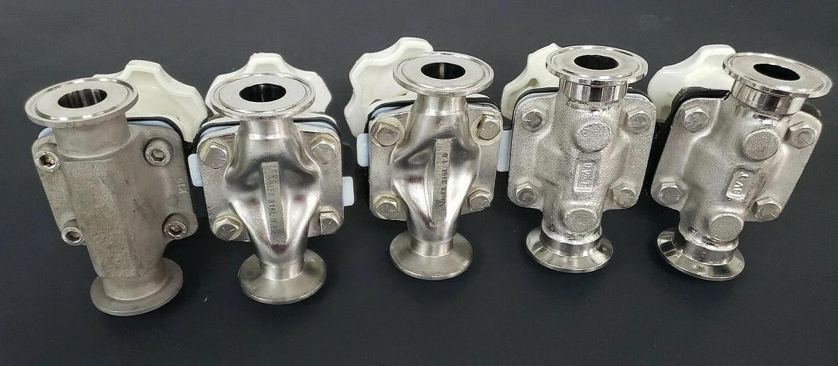 Used LOT OF 5 SAUNDERS DIAPHRAGM VALVES WITH 7/8" ID X 2" OD VALVE BODIES