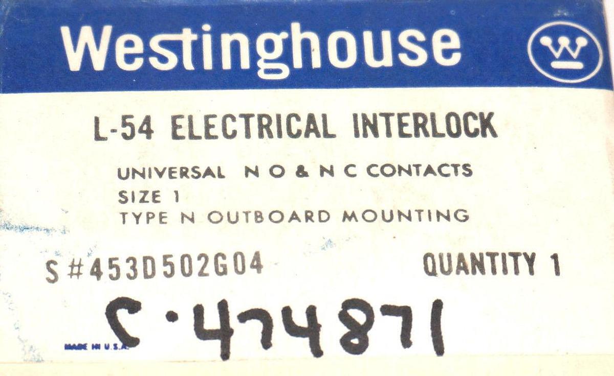 Used NIB WESTINGHOUSE 453D502G04 L-54 ELECTRICAL INTERLOCK KIT 600VAC 230VDC
