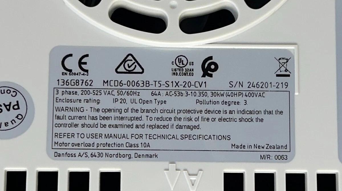 Used DANFOSS MCD6-0063B-T5-S1X-20-CV1 / 136G8762 VLT SOFT STARTER 30kW/40HP 3PH USNP
