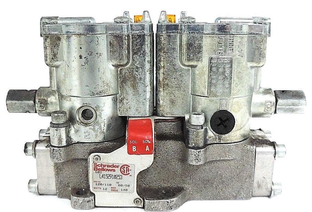 Used SCHRADER BELLOWS L4152910253 PNEUMATIC VALVE 110/220V, 50/60HZ, 12WATT, 140PSI