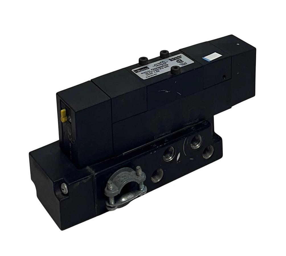 Used SCHRADER BELLOWS PARKER F32VXBK019A PNEUMATIC SOLENOID VALVE 24VDC 145PSI USNP