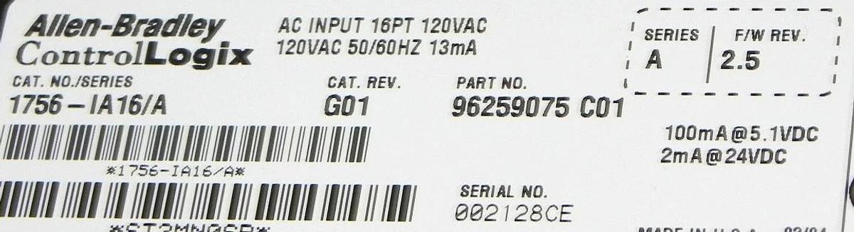 Used ALLEN BRADLEY 1756-IA16/A INPUT MODULE 16POINT 120VAC CAT. REV. G01