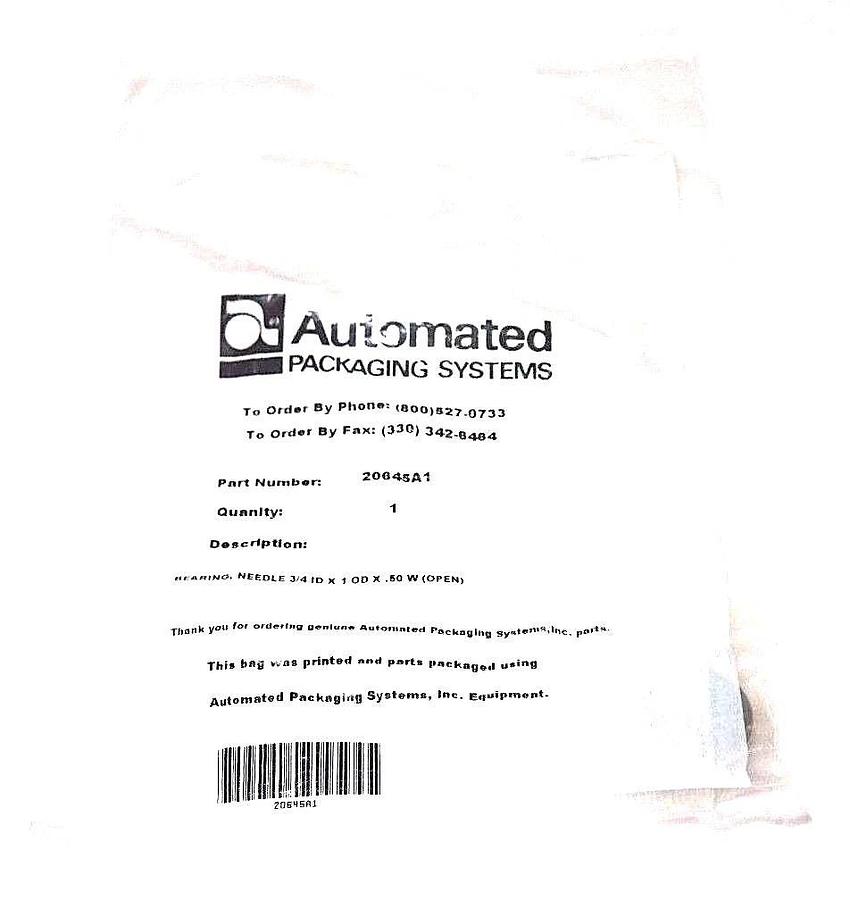 Used NEW AUTOMATED PACKAGING SYSTEMS 20645A1 NEEDLE BEARING 3/4 ID X 1 OD X 50 W