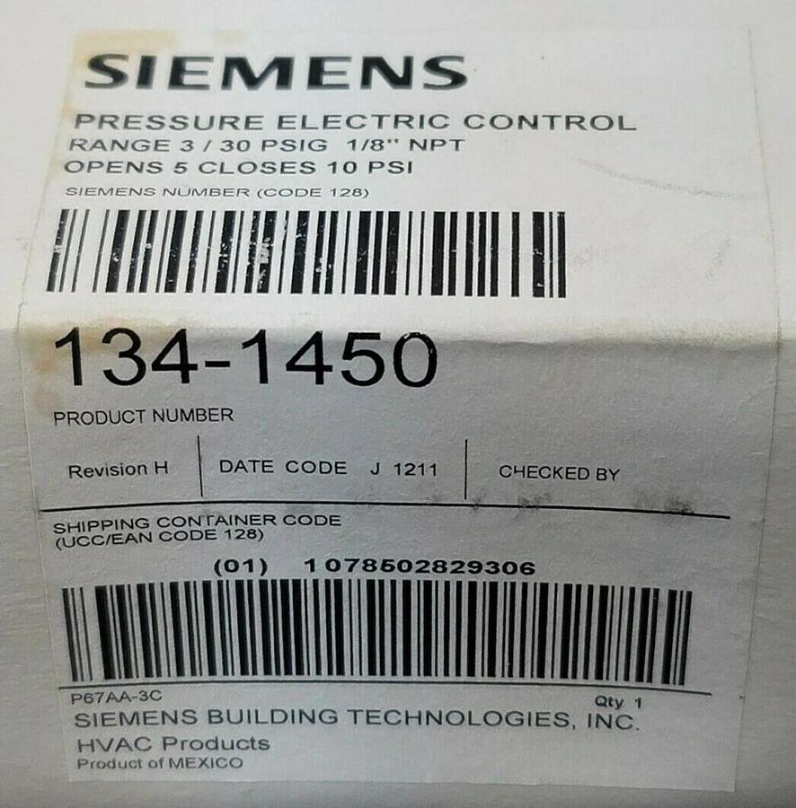 Used NIB SIEMENS 134-1450 PRESSURE ELECTRIC CONTROL 1341450 RANGE 3/30 PSIG 1/8'' NPT