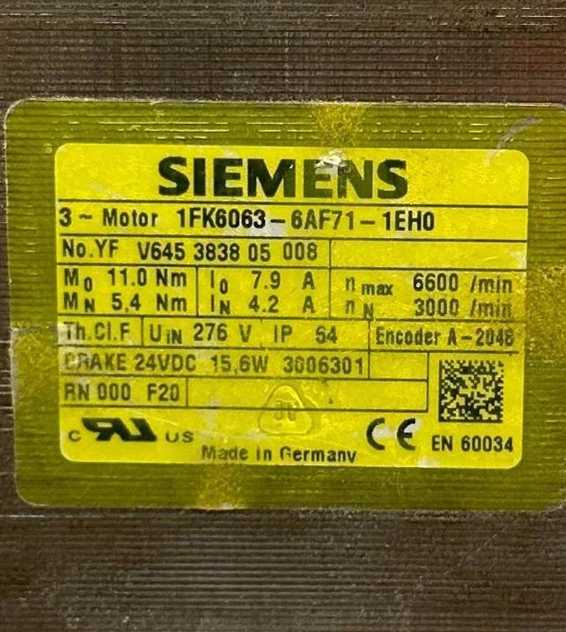 Refurbished SIEMENS 1FK6063-6AF71-1EH0 SERVO MOTOR 11Nm w/ BRAKE 1FK60636AF711EH0 REPAIRED