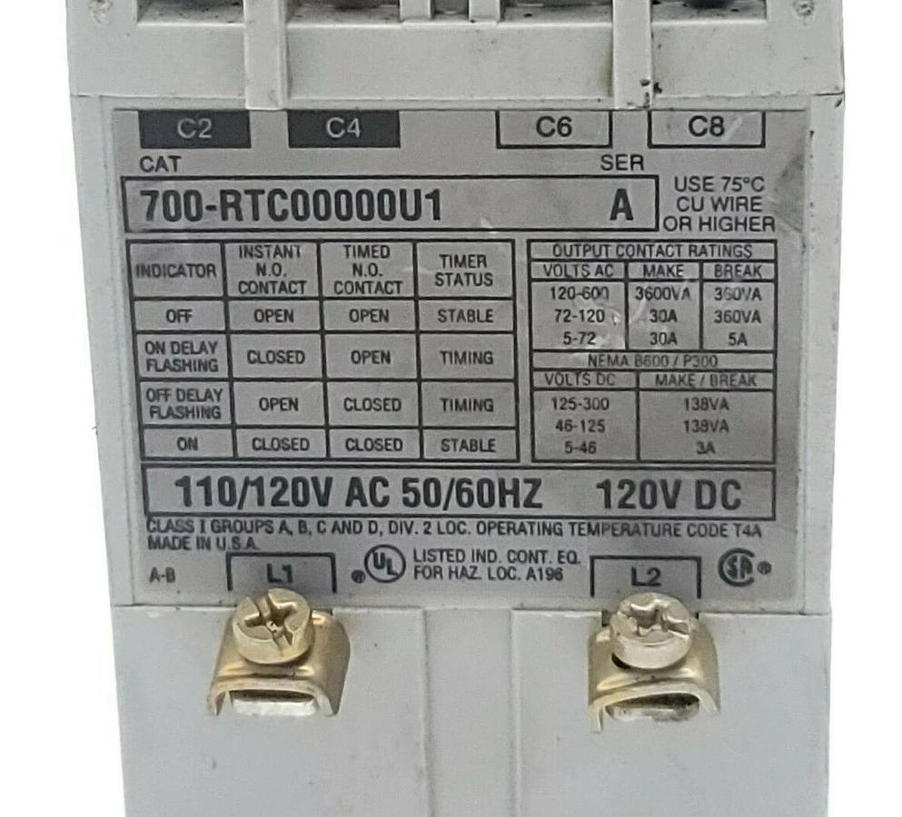 Used ALLEN BRADLEY 700-RTC00000U1 SOLID-STATE TIMING RELAY 120V DC SER. A