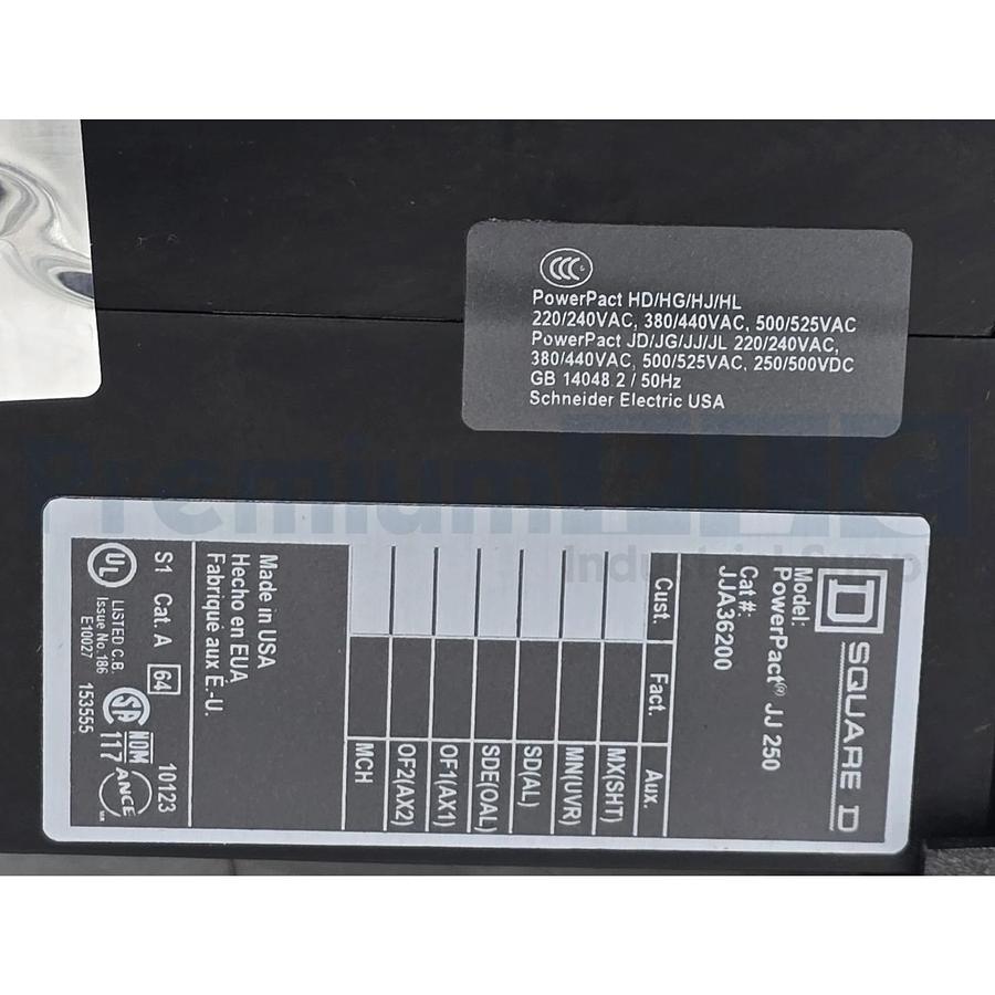 SQUARE D JJA36200 PowerPact JJ 250 CIRCUIT BREAKER 200A, 3-POLE, 600VAC NSNP 785901939245