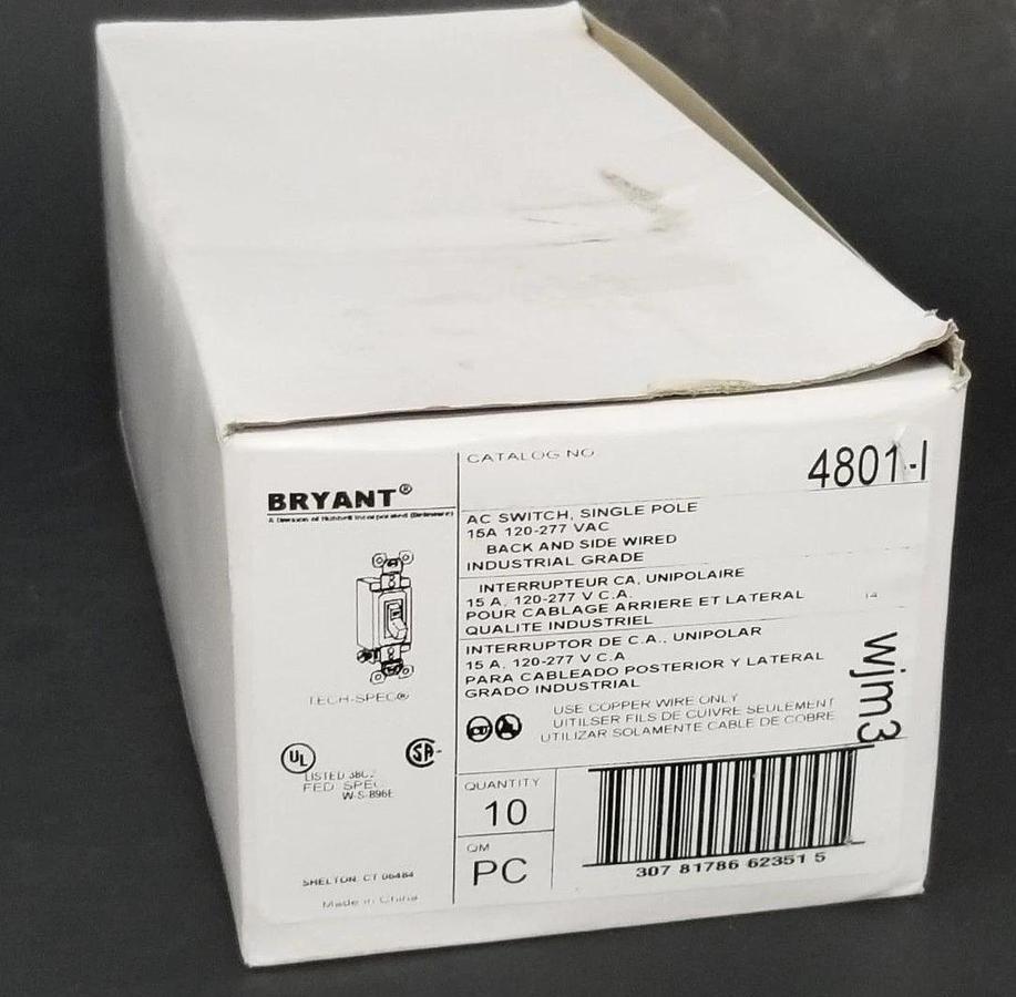Used BOX OF 10 NEW BRYANT 4801-I AC SWITCHES, SINGLE POLE 15A, 120-277 VAC, 4801I