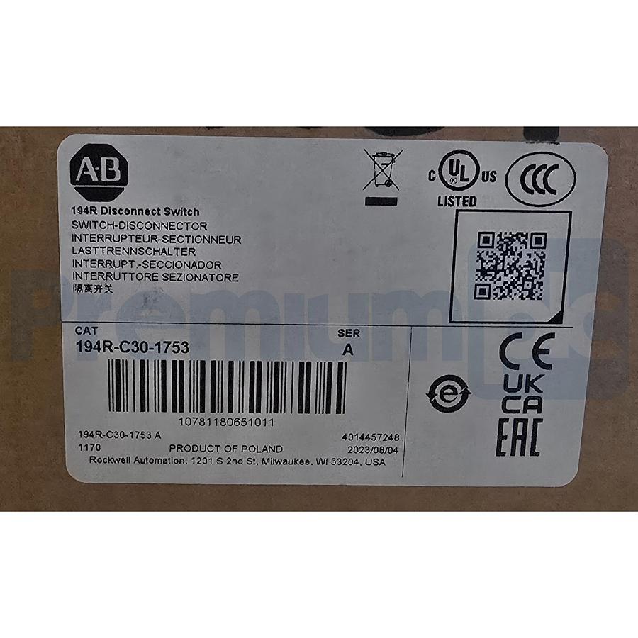 Used Allen Bradley 194R-C30-1753 /A Rotary Disconnect Switch 30A, 3P, 600V NSMP