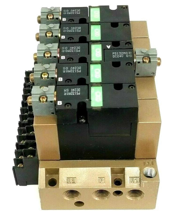 Used CKD 022001 MANIFOLD BLOCK W/ (5) 4L219 & (1) 4L229 SOLENOID VALVES, P5132M0R