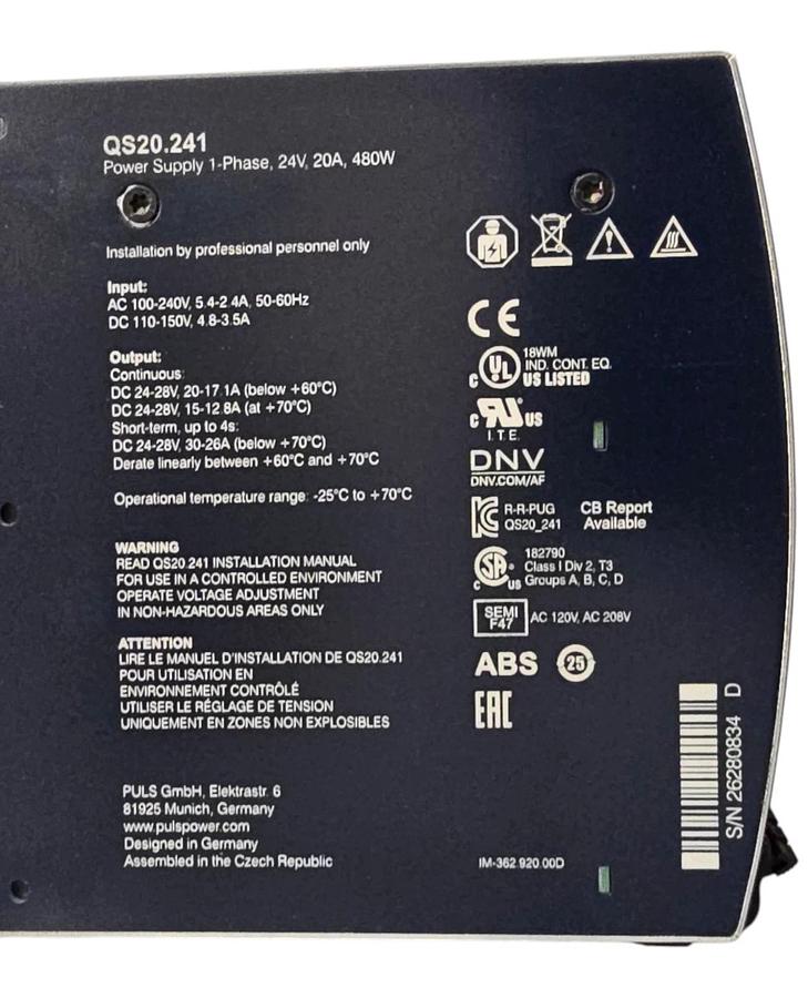 PULS Dimension QS20.241 DIN Rail Power Supply | 24V 20A 480W | AC 100-240V In 875404001201