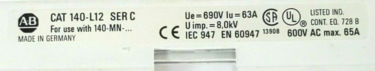 Used ALLEN BRADLEY 140-L12 SER. C COMMONING LINK 65 AMP 690 VAC SER. C