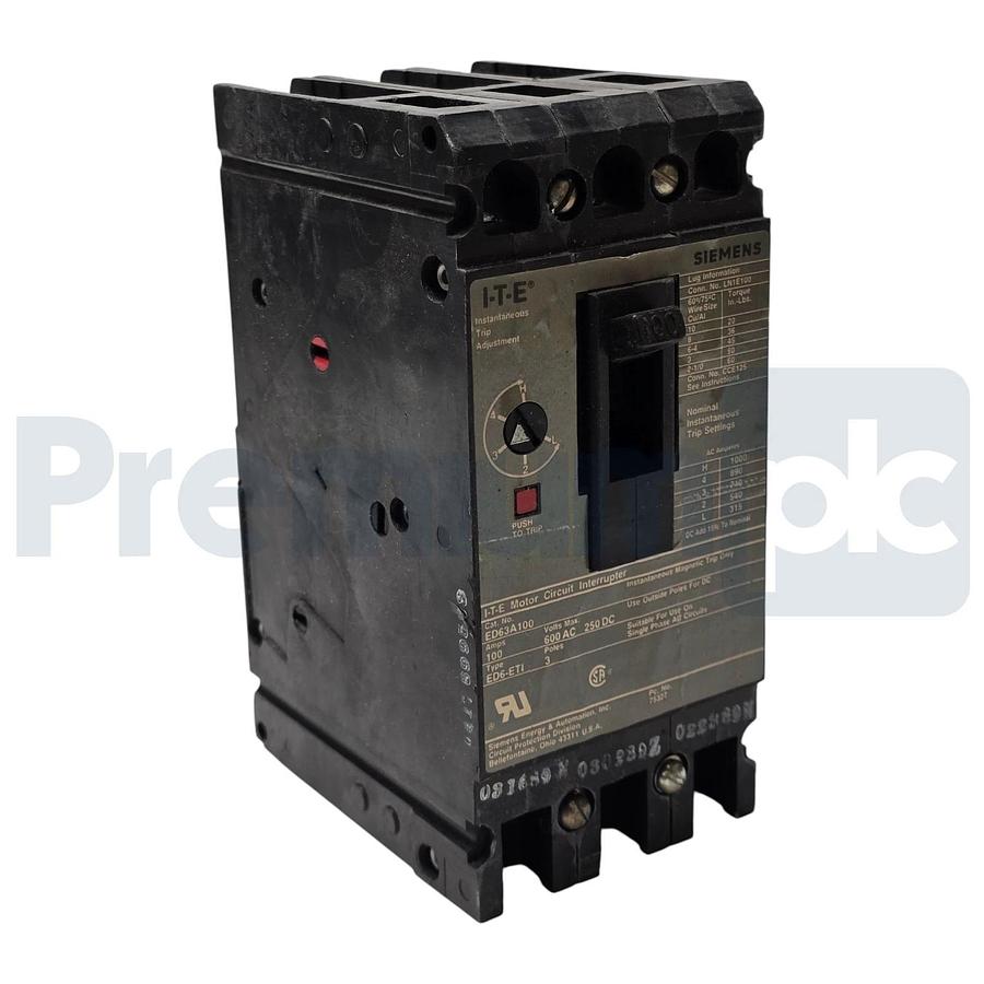 Used Siemens I-T-E ED63A100 Sentron Circuit Breaker | 100A 600V 3P | ED6-ETI w/Trip