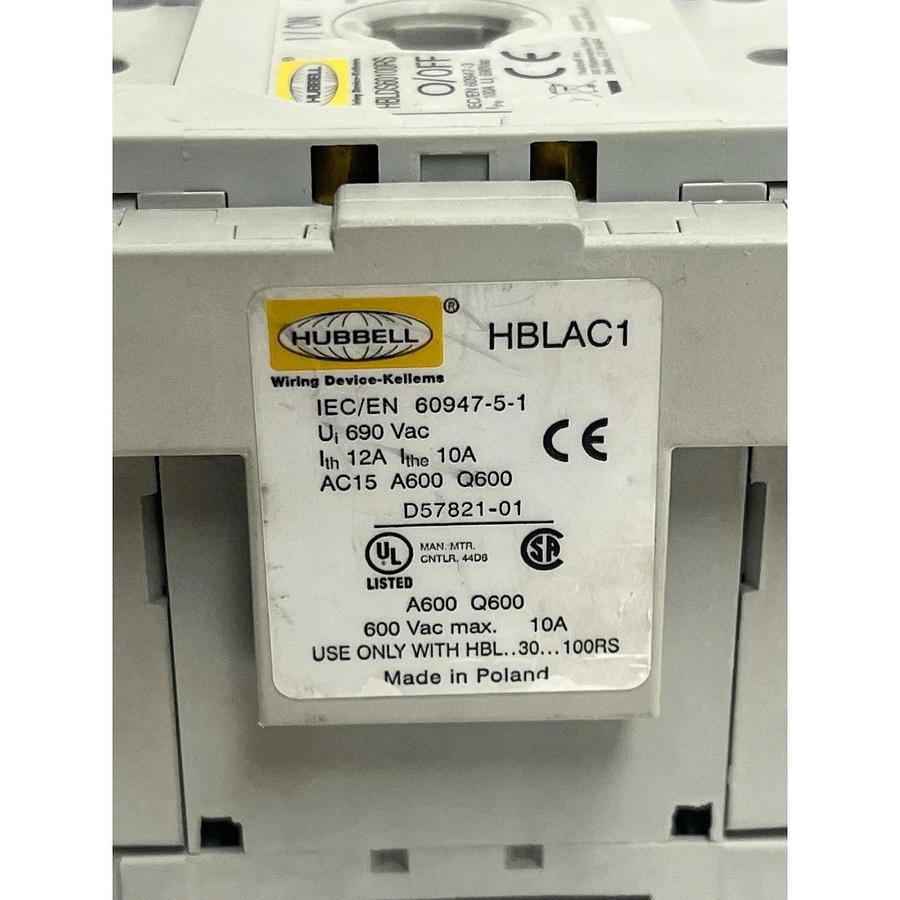 Used HUBBELL HBLDS60100RS SWITCH 60/100A W/ HBLAC1 AUX CONTACT