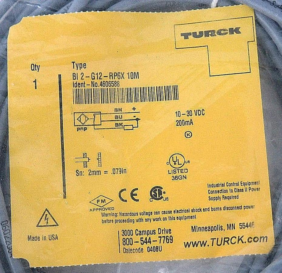 Used NIB TURCK, BI 2-G12-RP6X 10M, PROXIMITY SWITCH IDENT-NO. 4606588, BI2G12RP6X10M