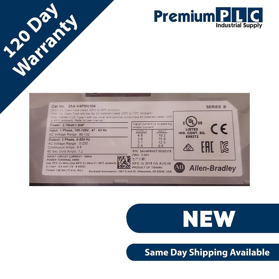 Used NEW ALLEN BRADLEY 25A-V4P8N104 /B POWERFLEX 523 AC DRIVE 0.75kW/1.0HP FRN. 3.001